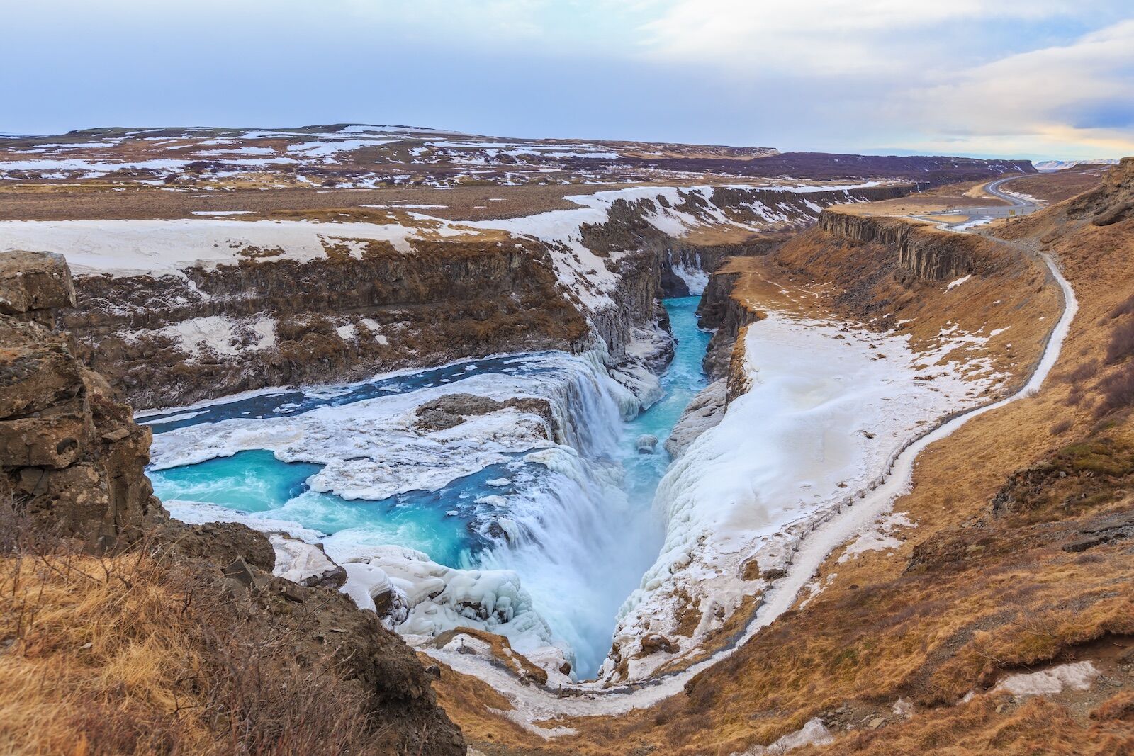 Gullfoss-Waterfalls-in-Iceland-winter-landscape-