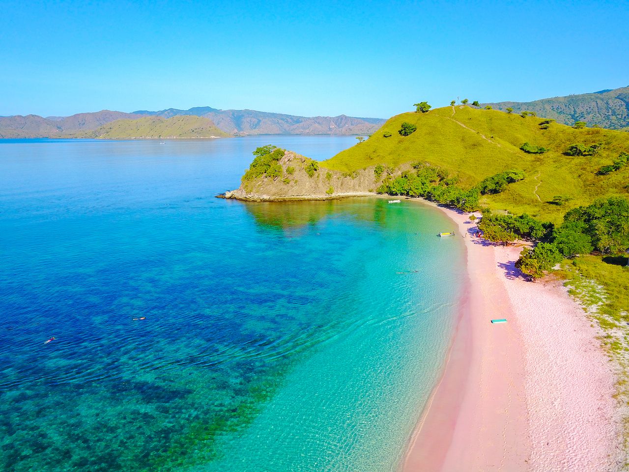 Aerial-view-of-beautiful-pink-beach-at-Flores-Island